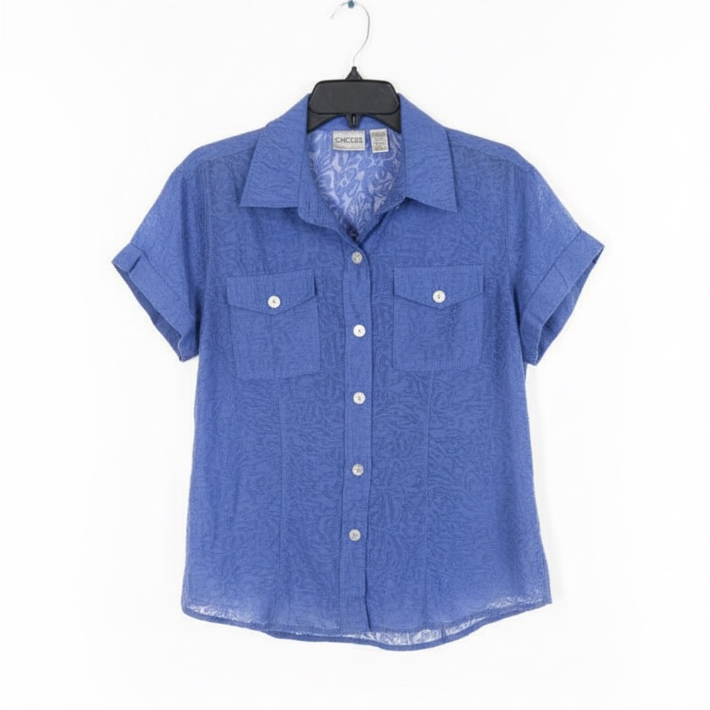 Chico's Floral Textured Blue Top Semi Sheer